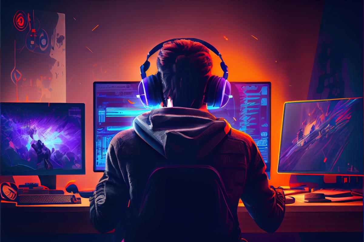 Back view of a person wearing a hoodie and large gaming headphones, sitting in front of a multi-monitor computer setup with vibrant orange and purple neon lighting.