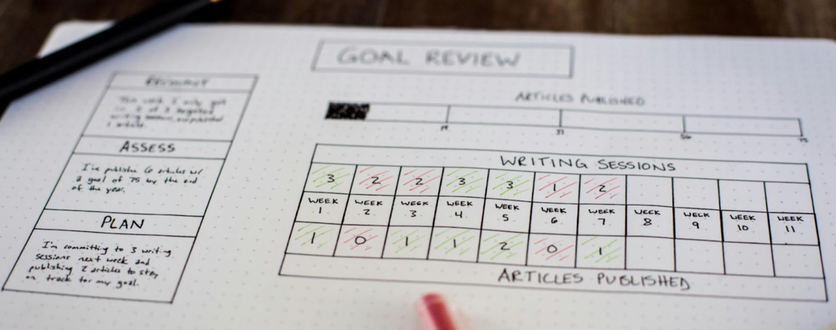 Goal review tracking sheet with weekly writing sessions progress, illustrating intentional goal-setting and progress tracking for the new year