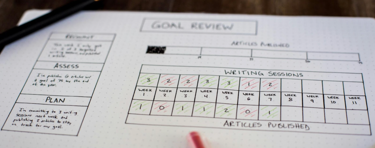 Goal review tracking sheet with weekly writing sessions progress, illustrating intentional goal-setting and progress tracking for the new year