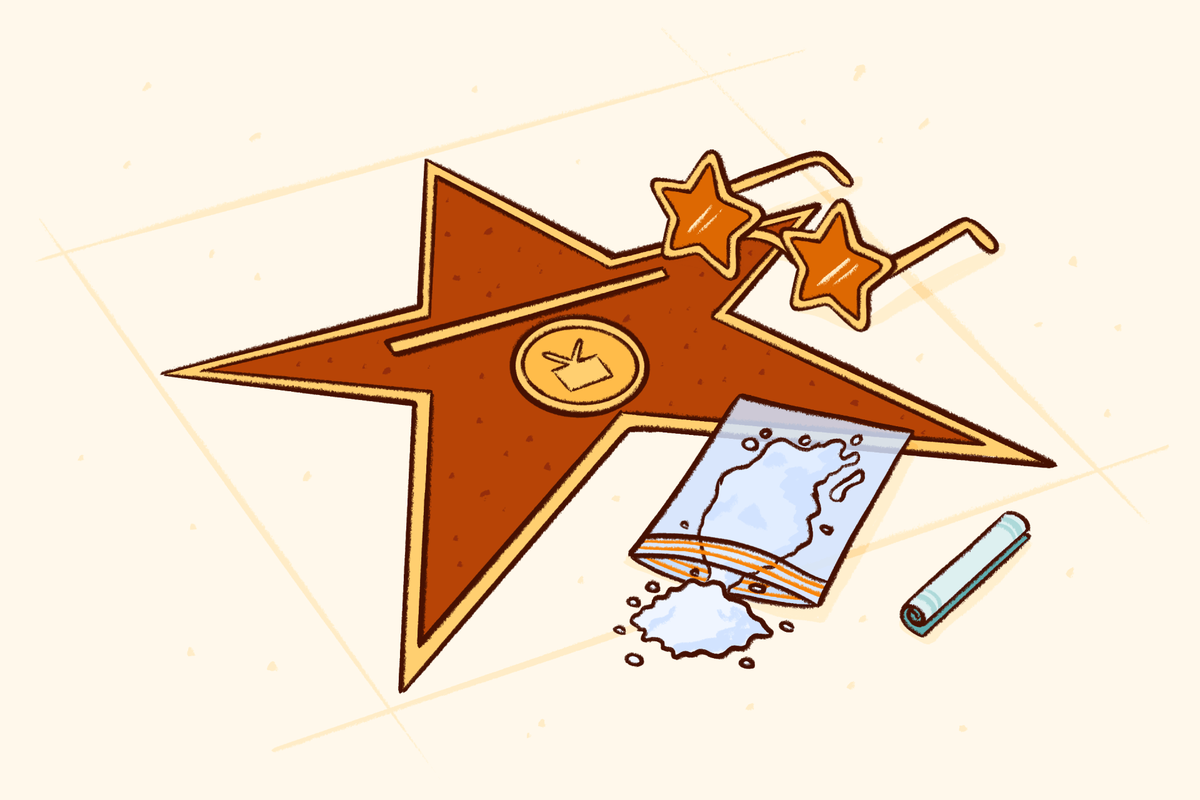 Illustration of a Hollywood Walk of Fame star alongside cocaine and drug paraphernalia symbolizing celebrity cocaine addiction.