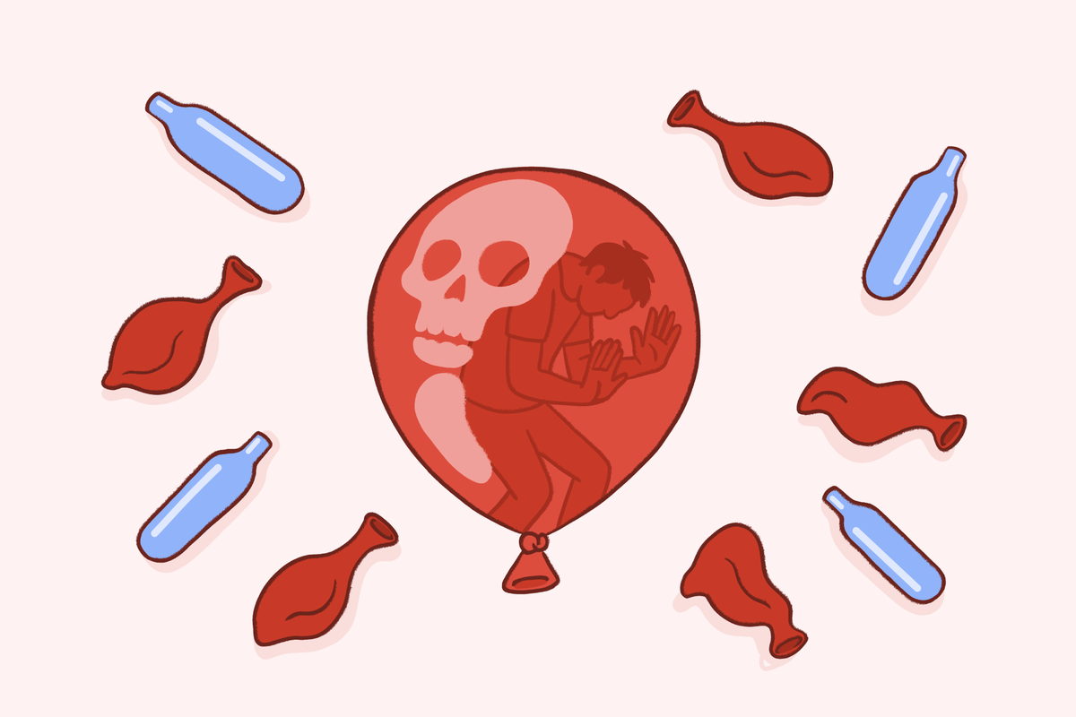 Illustration of a person trapped inside a red balloon printed with a skull, surrounded by deflated balloons and nitrous oxide cartridges, representing the dangers of nitrous oxide addiction