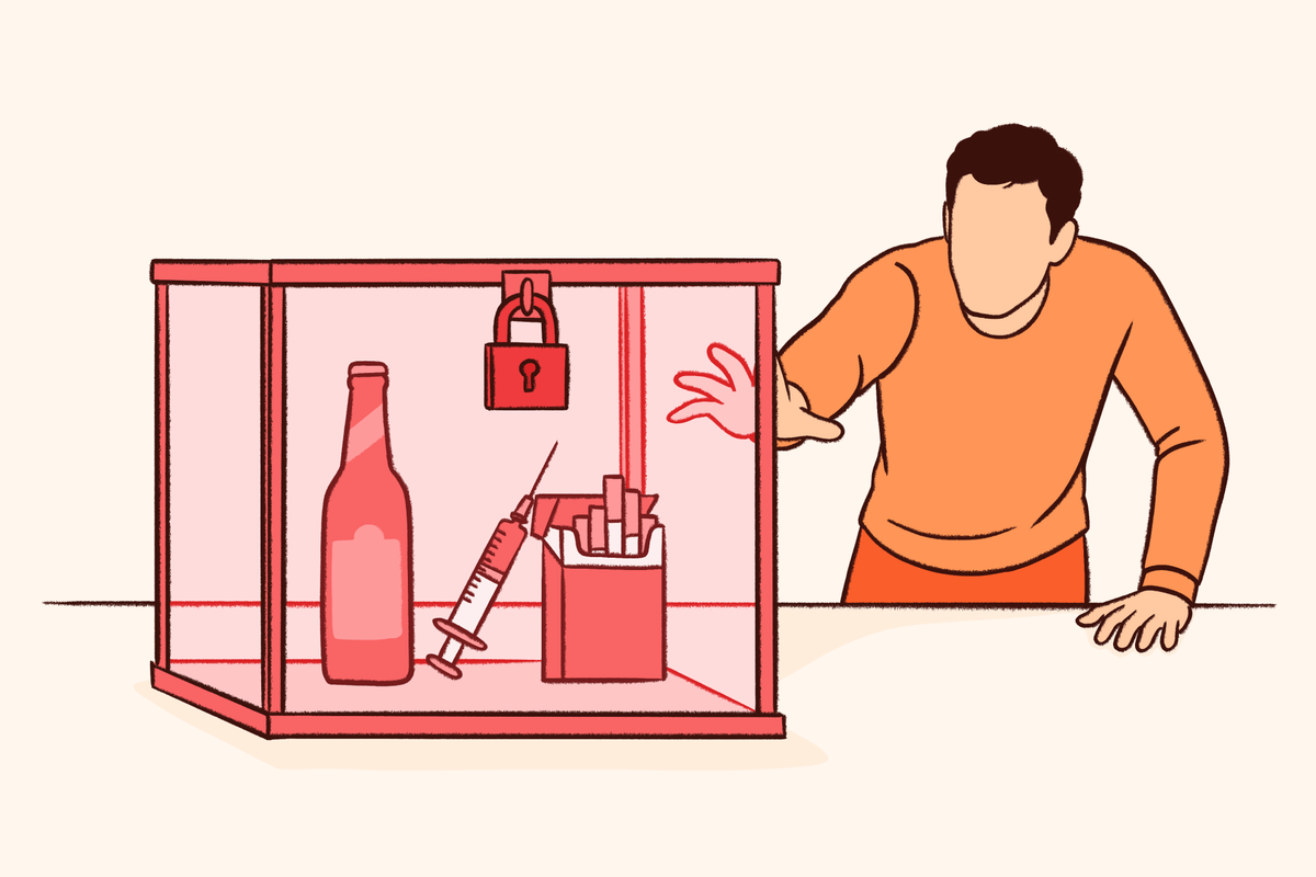 Illustration of managing cravings during addiction recovery: a person reaches toward a locked display case containing alcohol, cigarettes, and a syringe, symbolizing resisting urges, limiting access to substances, and using coping strategies to manage cravings.