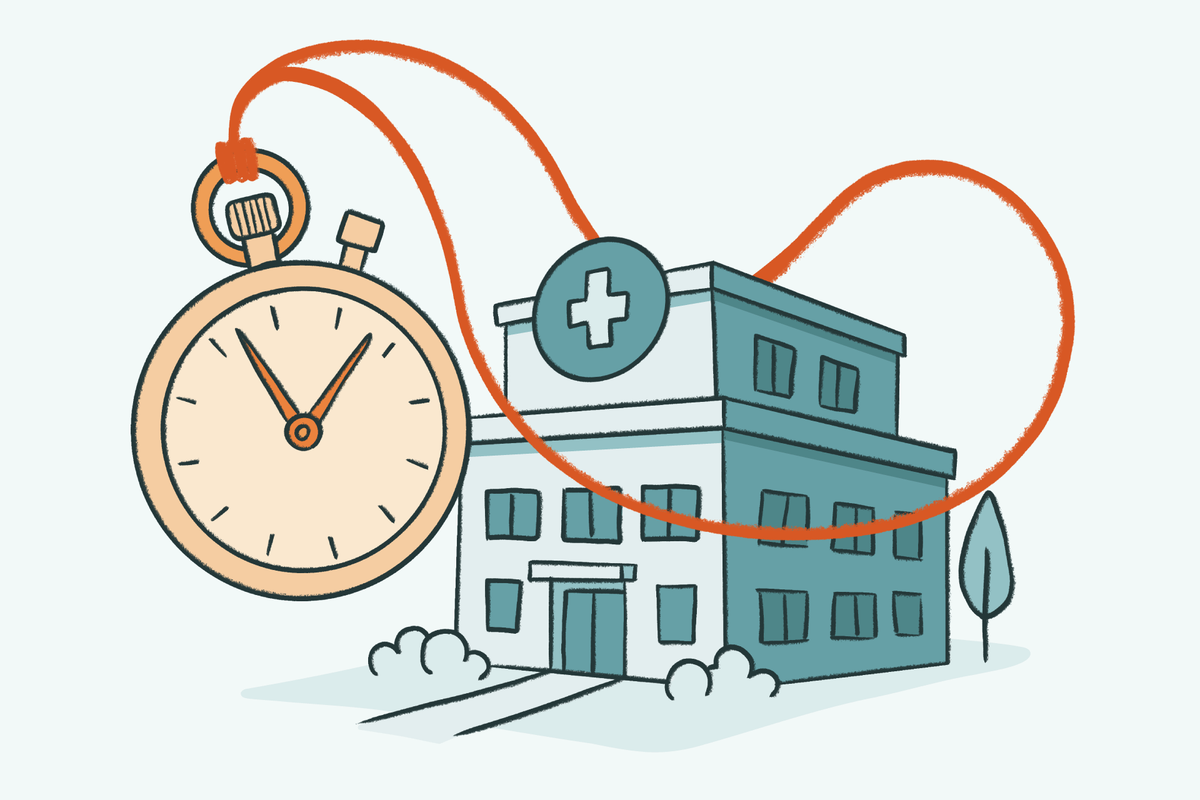 An illustration showing a stopwatch next to a hospital building, with an orange heart-shaped line looping over the scene symbolizing addiction treatment timelines for rehab.