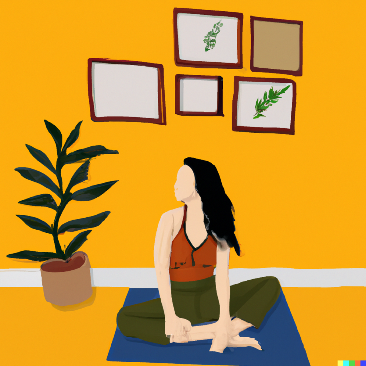 A minimalist digital illustration of a woman with long black hair sitting cross-legged on a blue yoga mat.