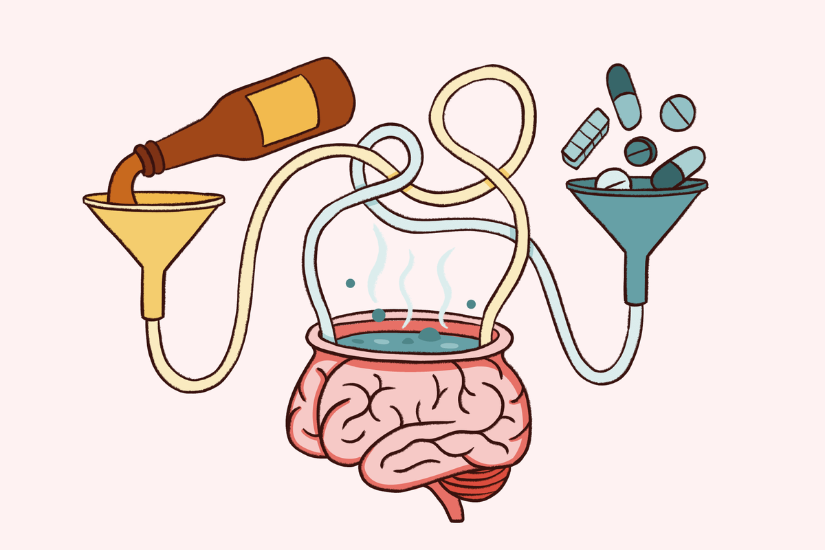 Illustration of alcohol and pills flowing through funnels into a steaming brain, symbolizing substance use and mental health effects.