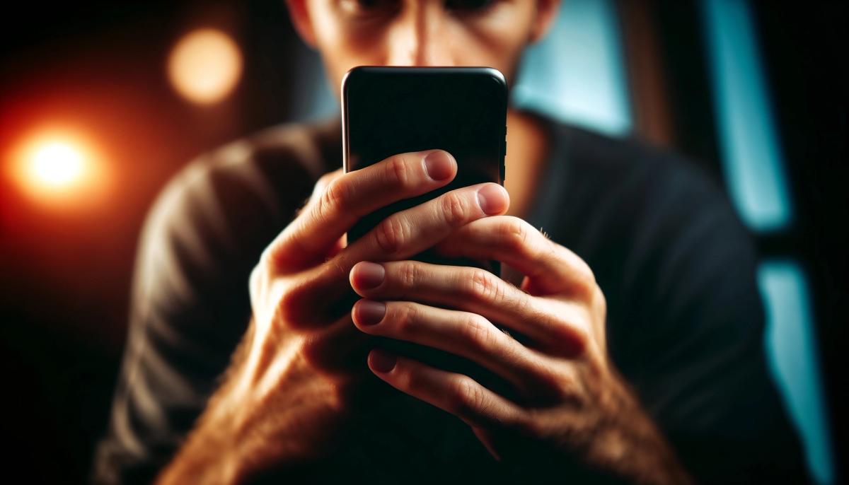 Person holding a smartphone with intense focus in low light, illustrating compulsive phone use and behaviors associated with process addiction such as technology or screen addiction.