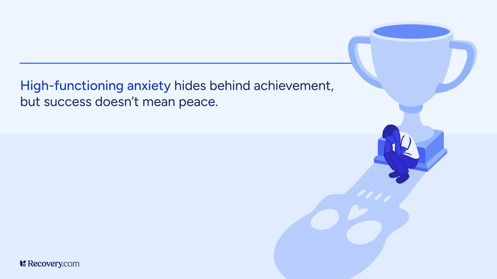 Illustration of a person sitting beneath a large trophy, head in hands, casting a shadow shaped like a skull—symbolizing high-functioning anxiety hidden behind success. Caption reads: High-functioning anxiety hides behind achievement, but success does not mean peace.