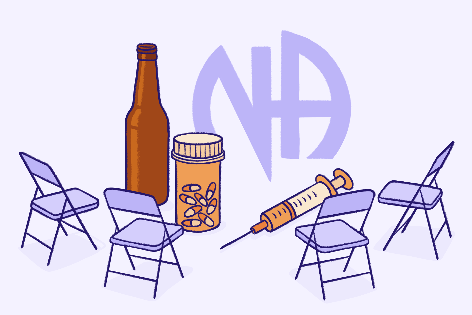 A medium shot shows a diverse group of seven adults in a support group, sitting in a circle, facing inwards.