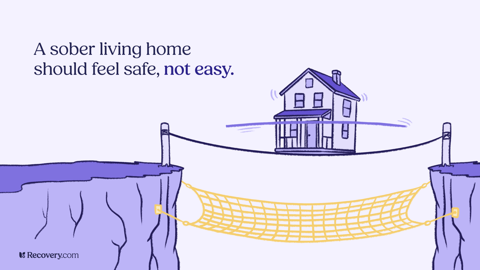On the right, a house balances on a tightrope stretched across a deep canyon, with a yellow safety net suspended underneath it between the two cliffs.