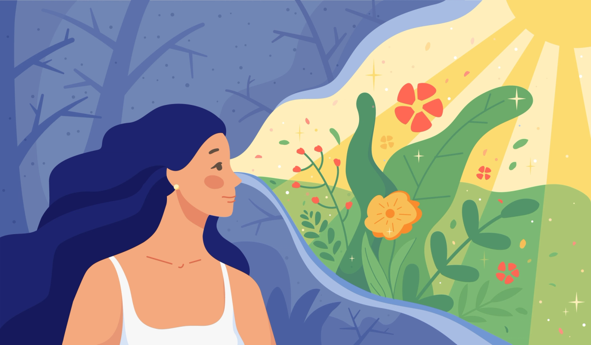 Illustration of a woman with long dark hair looking toward a bright sunny scene with flowers and greenery, symbolizing hope, healing, and positive change from darkness to light.