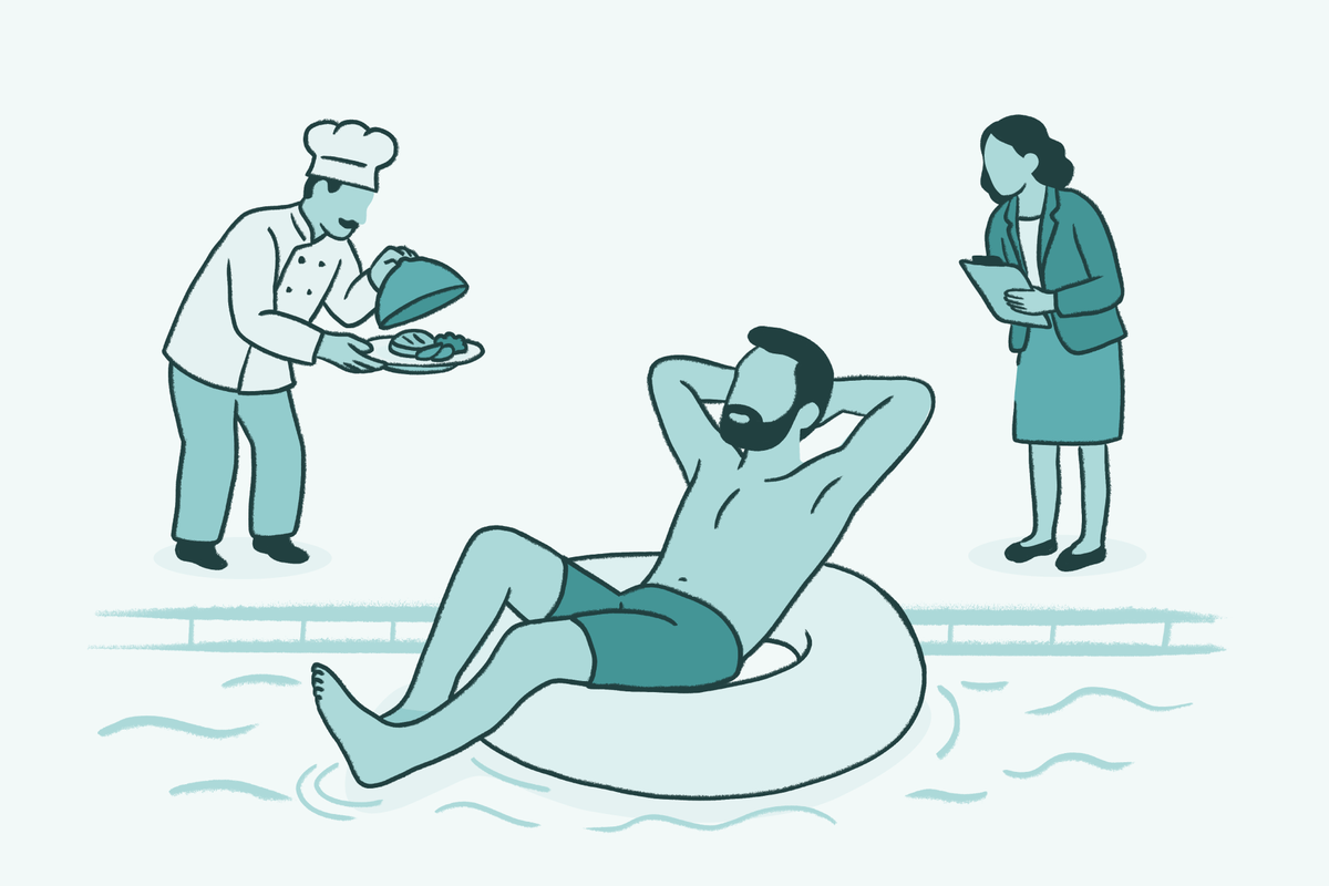 A teal-monochrome illustration of a man relaxing in a pool float while being attended to by a chef and a business professional.