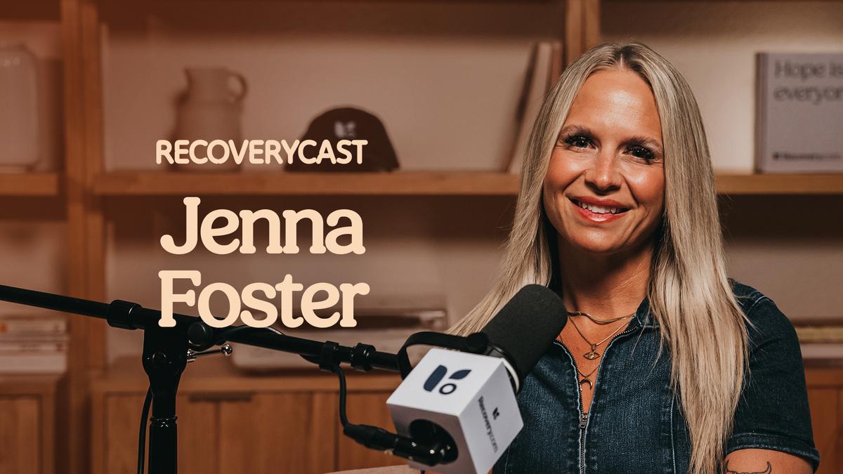 Jenna Foster speaking on the Recoverycast podcast about childhood trauma, addiction recovery, and breaking generational cycles.