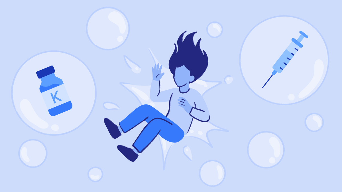 Illustration of person experiencing dissociative effects of ketamine with bottle and syringe symbols, representing ketamine withdrawal and addiction