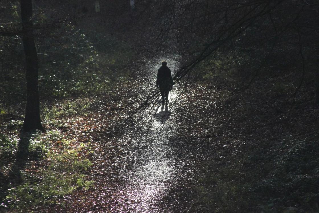 Silhouetted person walking alone down a dark forest path, symbolizing isolation, depression, and the journey toward healing and recovery.