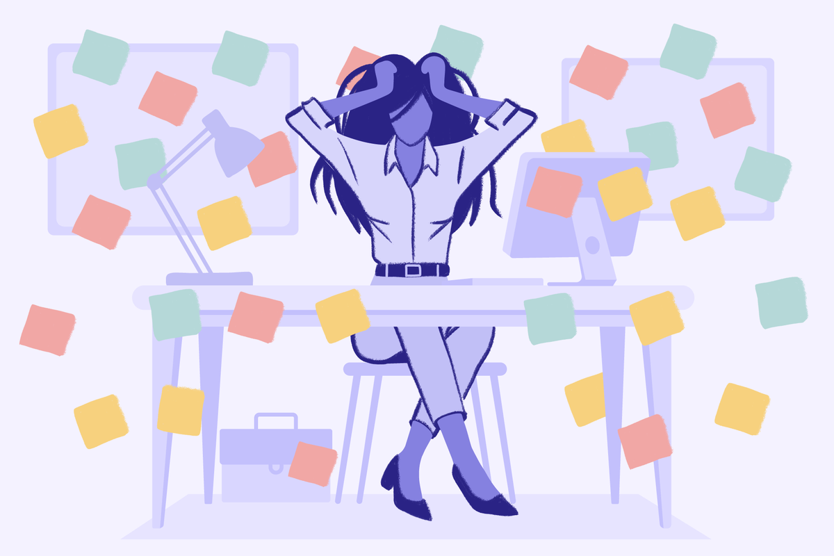 A stylized illustration of a stressed woman at a desk, holding her head in her hands while surrounded by floating, colorful sticky notes