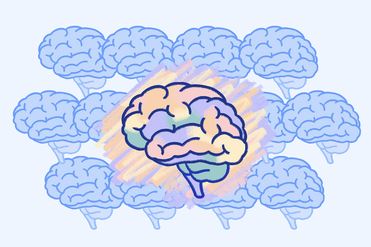 Illustration of a central rainbow-colored brain surrounded by blue brain outlines representing neurodivergent thinking