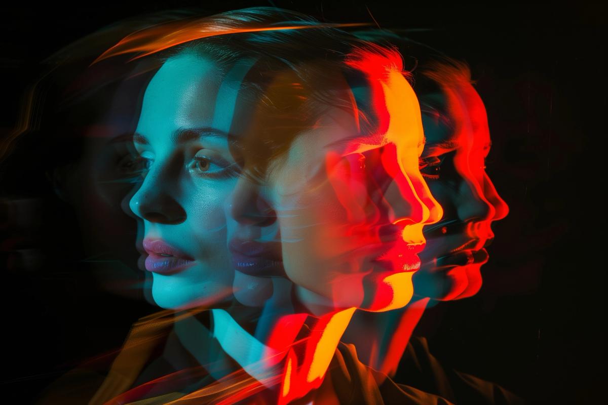 An artistic multi-exposure portrait of a woman’s profile against a black background, featuring overlapping translucent layers in vibrant cyan, orange, and red lighting.