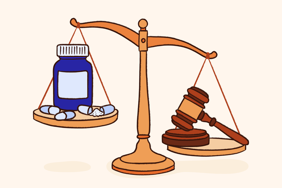 Illustration of a justice scale balancing a pill bottle and tablets against a judge’s gavel, symbolizing pharmaceutical law, drug regulation, and legal action in healthcare.