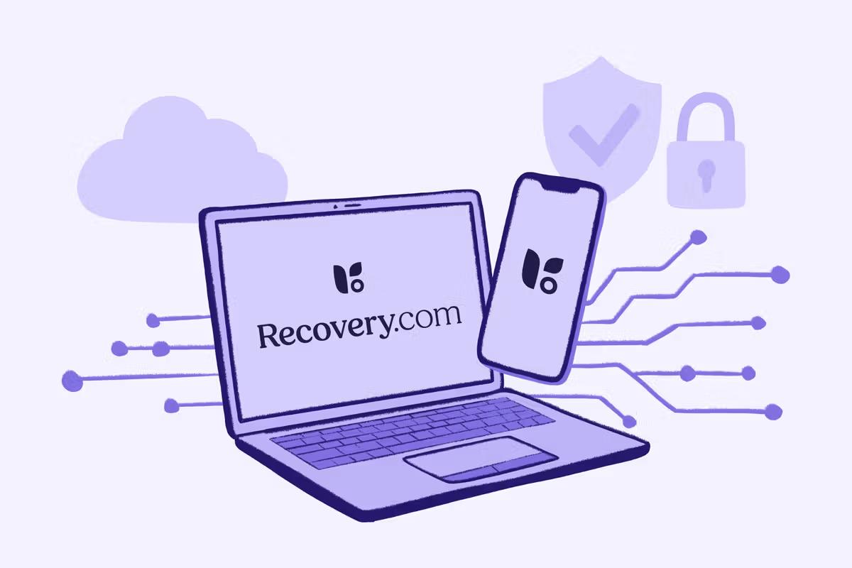 Recovery.com digital platform illustration with laptop smartphone cloud security shield and privacy lock symbols.