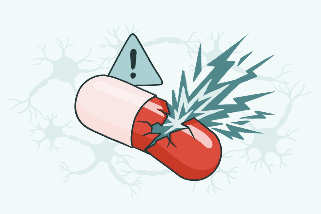 Illustration of a red and white capsule, possibly representing Lyrica or pregabalin, cracking open with a jagged, lightning-bolt shape exploding from the break, all set against a subtle background pattern of interconnected neurons, and topped with a warning sign.