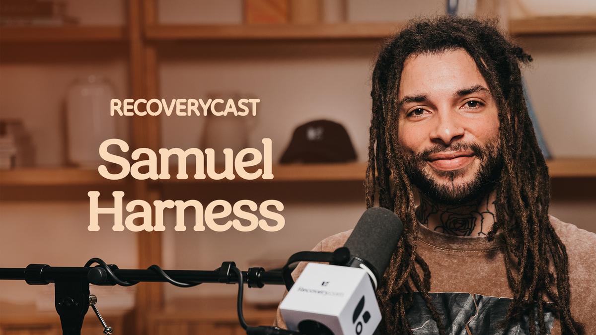 Samuel Harness on Recoverycast podcast, singer-songwriter and The Voice contestant speaking about addiction recovery, mental health, and sobriety into a studio microphone