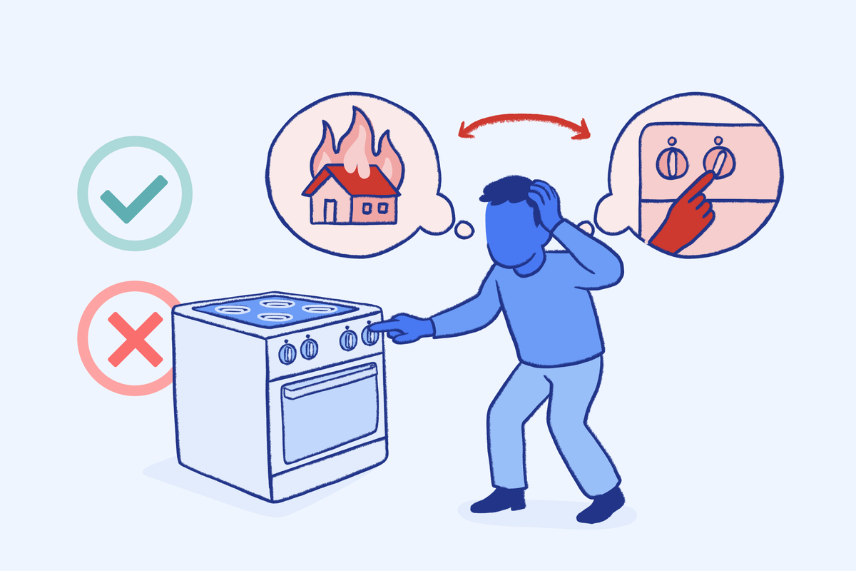Illustration of person repeatedly checking stove representing OCD obsessive thoughts and compulsions
