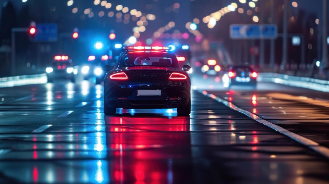 Rear view of a police car driving down a wet city street at night, its red and blue lights flashing and reflecting on the shiny pavement amid blurred traffic lights.