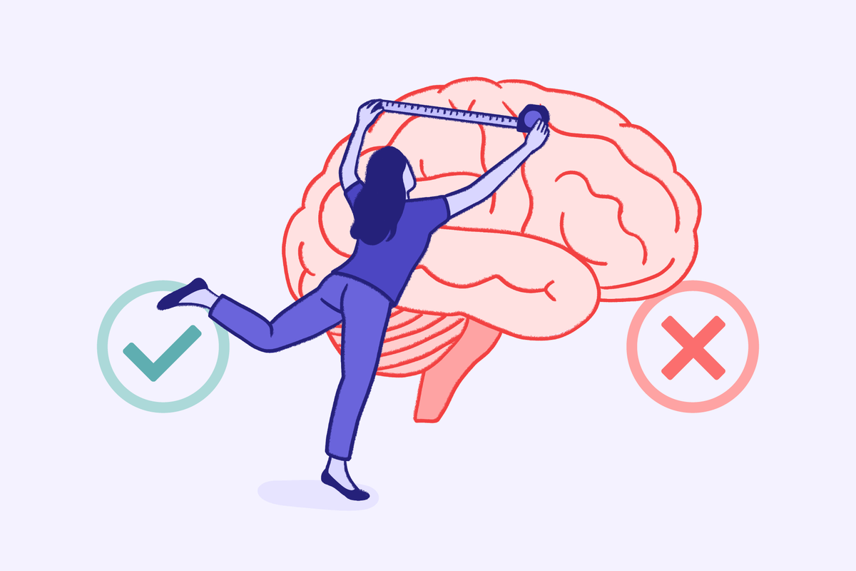 A flat illustration of a person using a measuring tape to measure a large human brain, flanked by a green checkmark and a red "X."