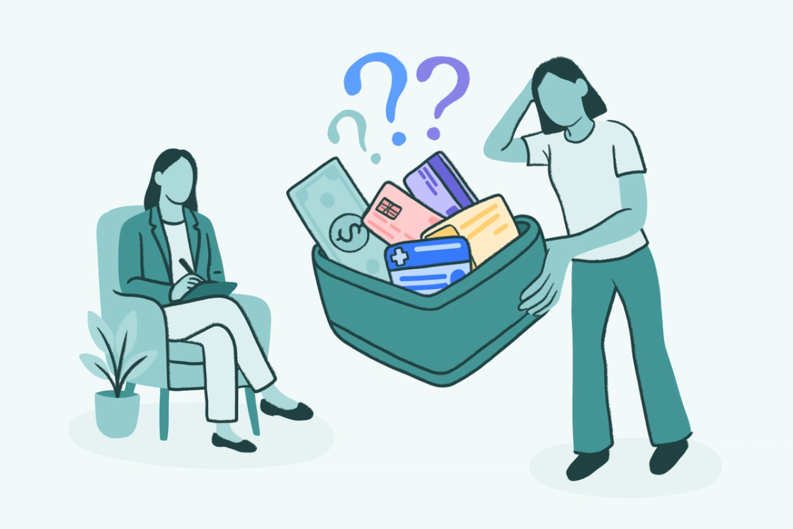 Illustration of a woman looking confused while holding a giant wallet overflowing with cash and credit cards, standing in front of a seated professional taking notes