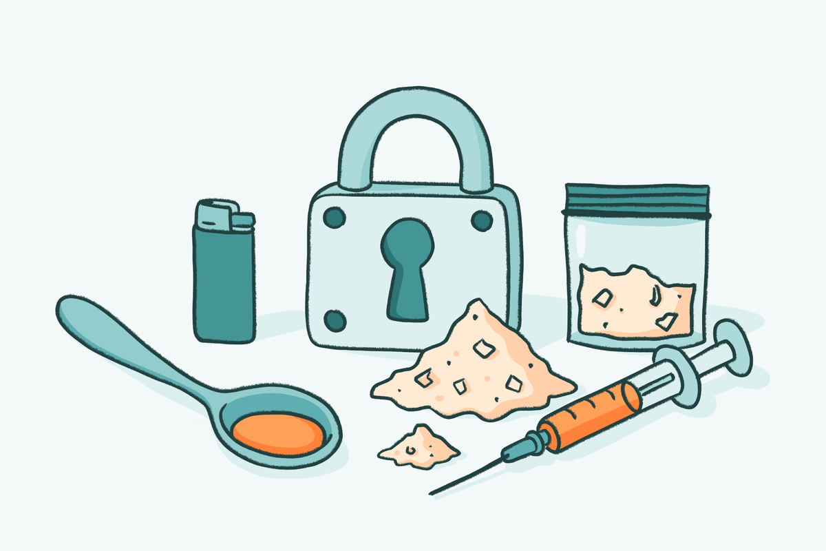 Heroin addiction illustration showing syringe lighter spoon with liquid powder bag and lock symbol representing substance use disorder risk and barriers to recovery.