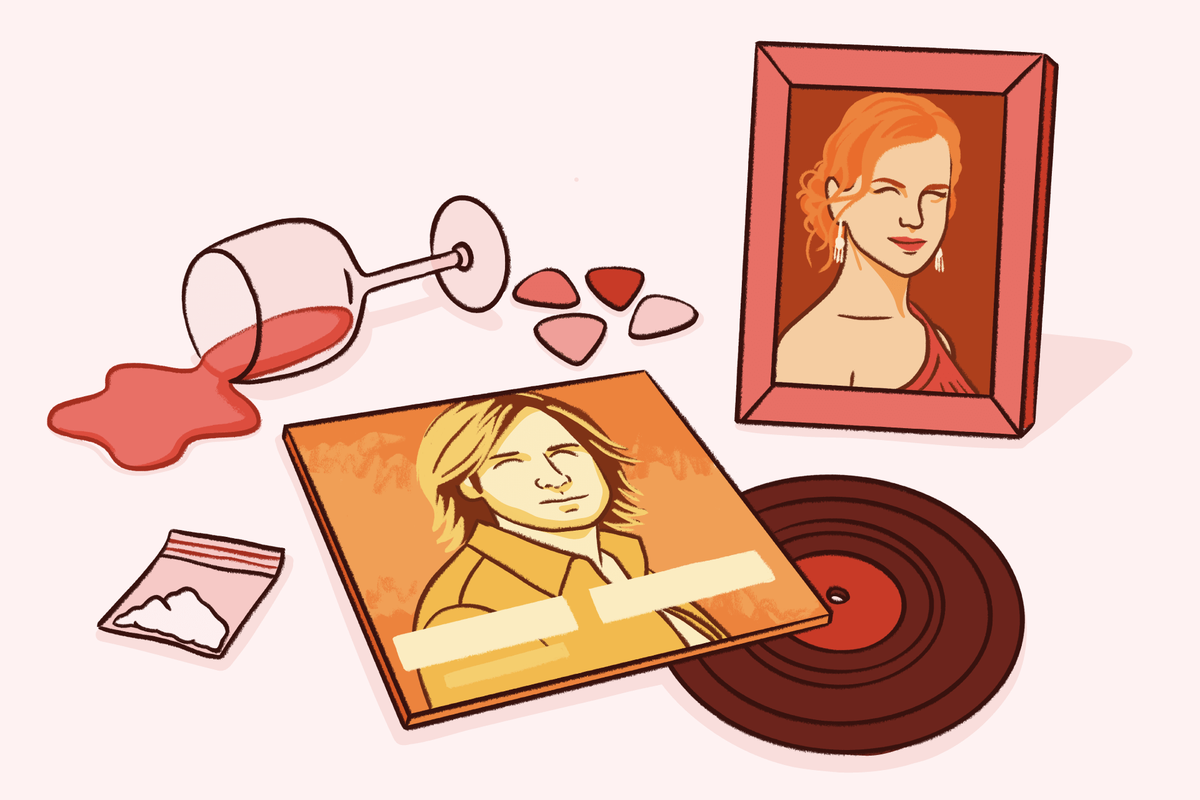 An editorial illustration depicting the journey of Keith Urban's sobriety and his relationship with Nicole Kidman. In the foreground, a vinyl record sits next to an album cover featuring a portrait of Keith Urban.