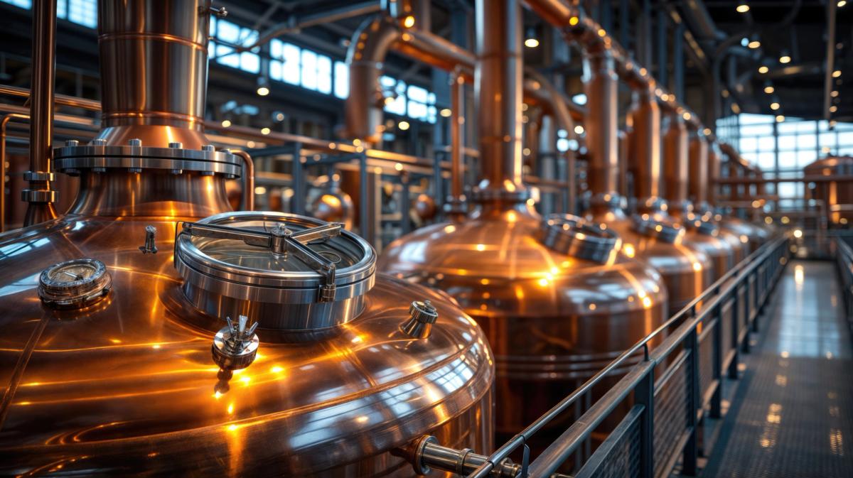 Large copper distillation tanks and industrial brewing equipment inside a modern distillery, representing the production and different types of alcohol.