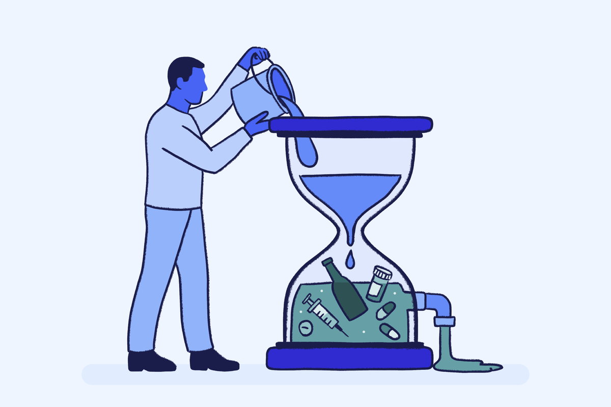 Illustration representing a detox timeline, showing a person pouring liquid into an hourglass filled with symbols of substances like pills, a syringe, and a bottle, symbolizing the process of detox and substances leaving the body over time.