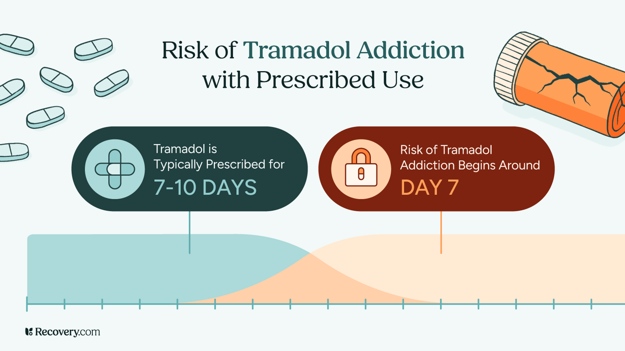 Infographic titled Risk of Tramadol Addiction with Prescribed Use showing that tramadol is typically prescribed for 7 to 10 days, while the risk of addiction begins around day 7. A timeline visually overlaps prescription duration with rising addiction risk. Includes illustrations of tramadol pills and a cracked orange prescription bottle.