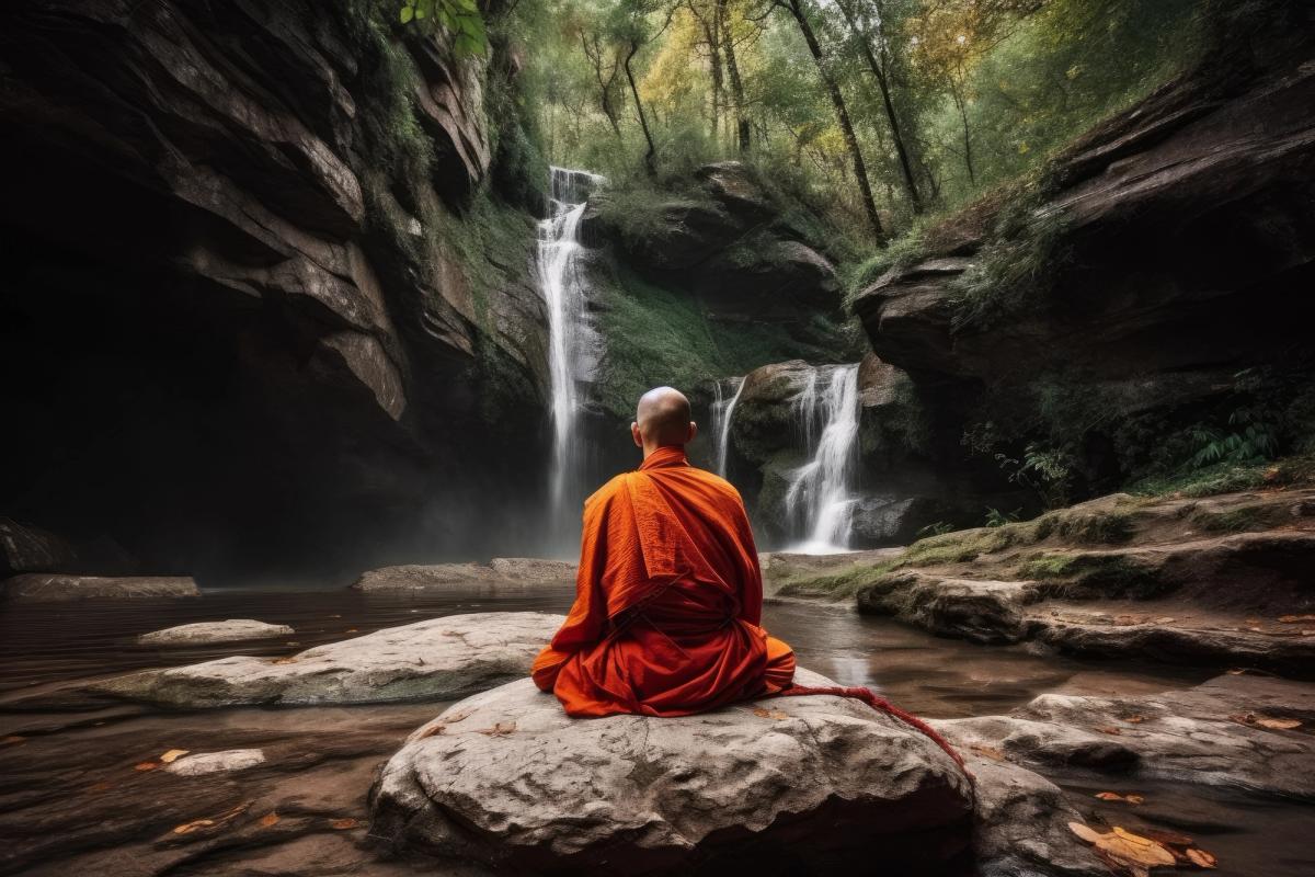 A Buddhist monk in an orange robe sits cross-legged on a rock, facing a multi-tiered waterfall in a misty forest gorge.