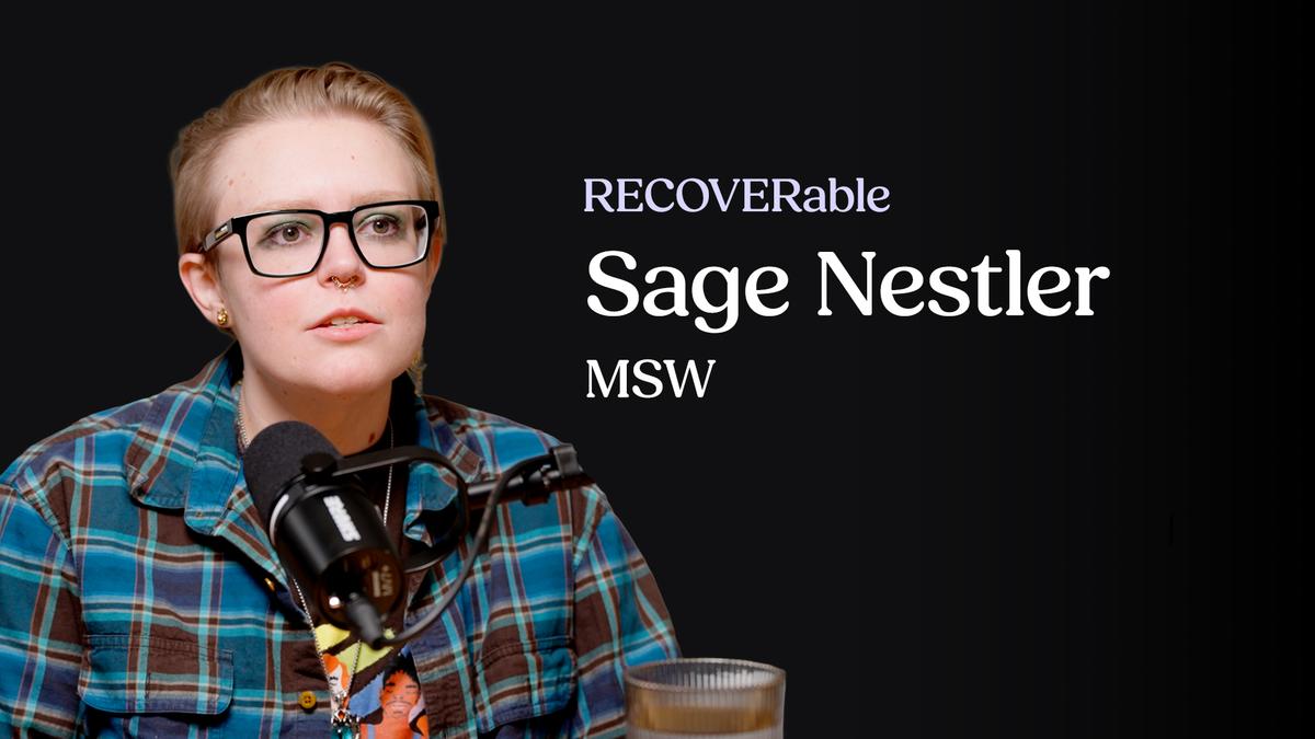 A portrait of Sage Nestler, MSW, appearing as a guest on "RECOVERable," wearing a blue plaid shirt and speaking into a podcast microphone.