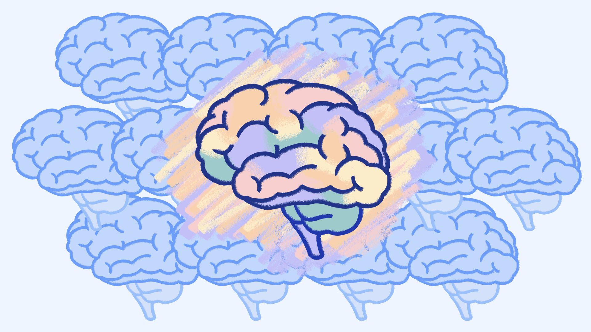 Image Description An illustration featuring a central multicolored human brain set against a light blue background.