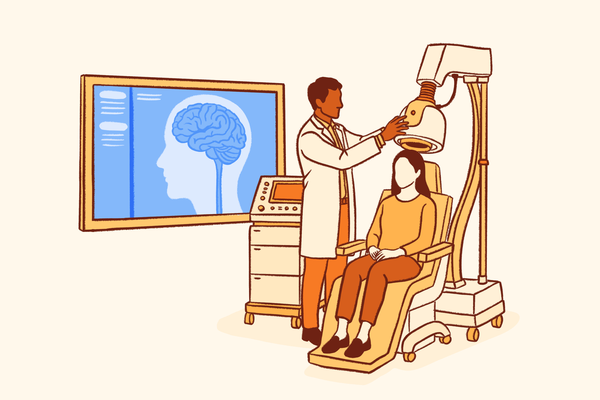 A doctor providing care with a brain scan showing on a screen and their patient receiving specialized treatment from a electronic tool that goes over their head.