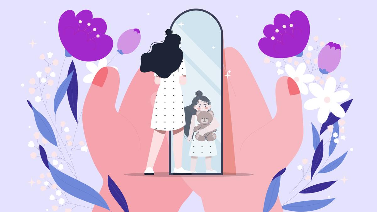 Illustration of a woman standing before a tall mirror, with her reflection shown as a small child holding a teddy bear. Large protective hands and purple flowers surround them on a pastel background.