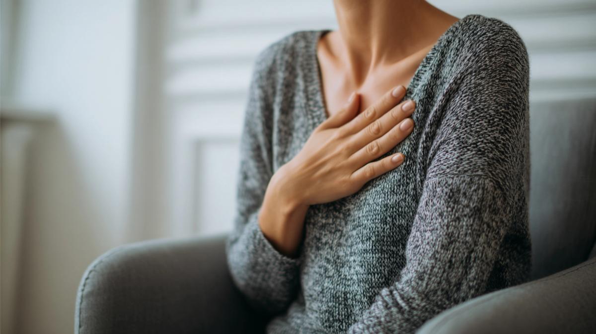 Person with hand on chest experiencing difficulty breathing, illustrating the dangerous respiratory depression caused by mixing alcohol and heroin