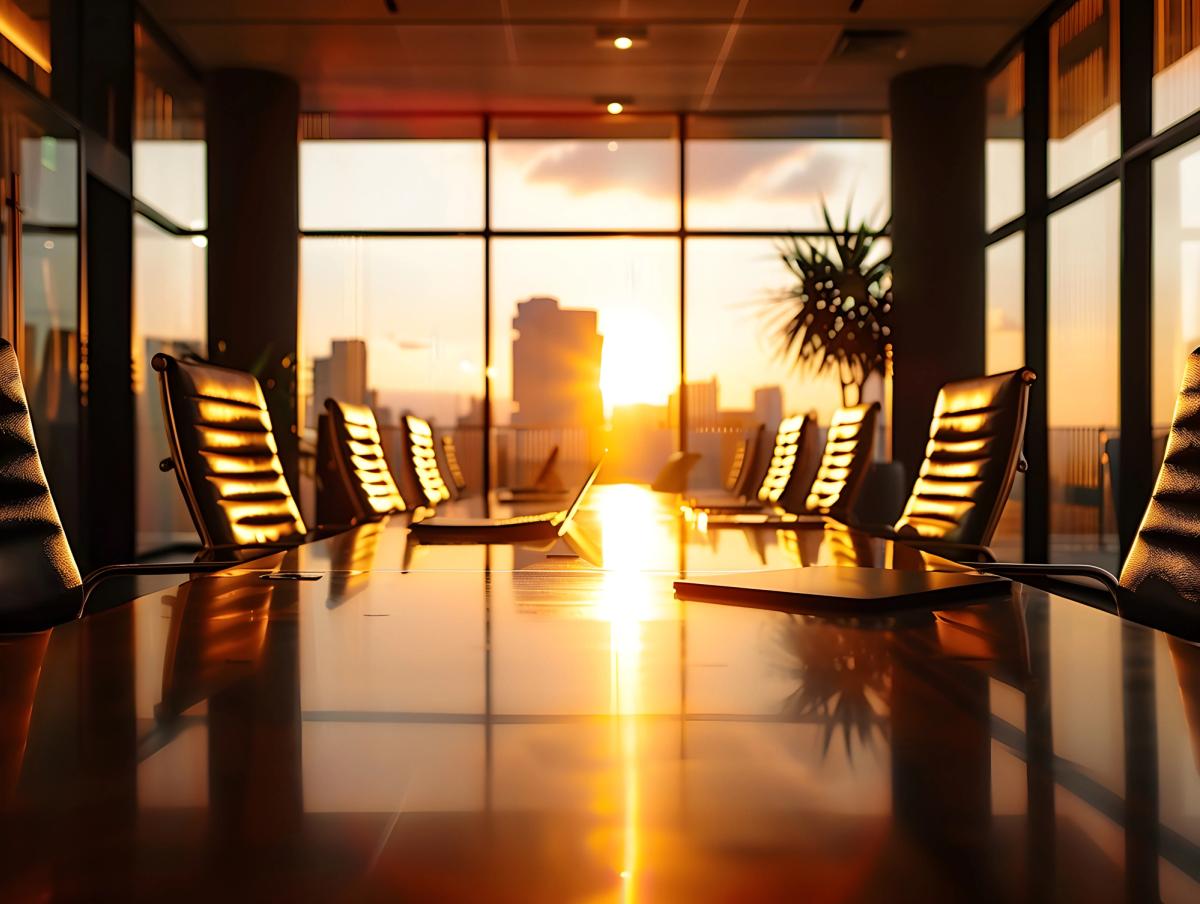 Sunset-lit corporate conference room with empty leather chairs and a laptop on a glossy boardroom table, overlooking a city skyline through large windows.