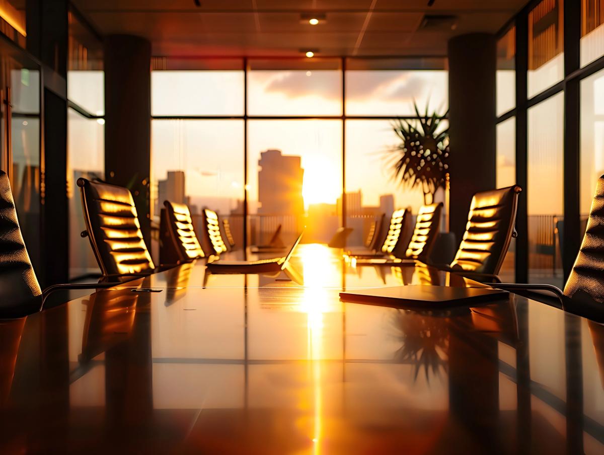 Sunset-lit corporate conference room with empty leather chairs and a laptop on a glossy boardroom table, overlooking a city skyline through large windows.