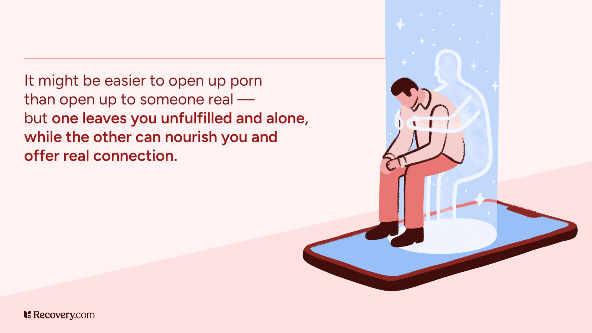 Illustration of a sad man sitting on a smartphone screen, with a glowing silhouette behind him symbolizing emotional connection. Text emphasizes the contrast between porn and real relationships, stating that one leads to loneliness while the other offers true connection.