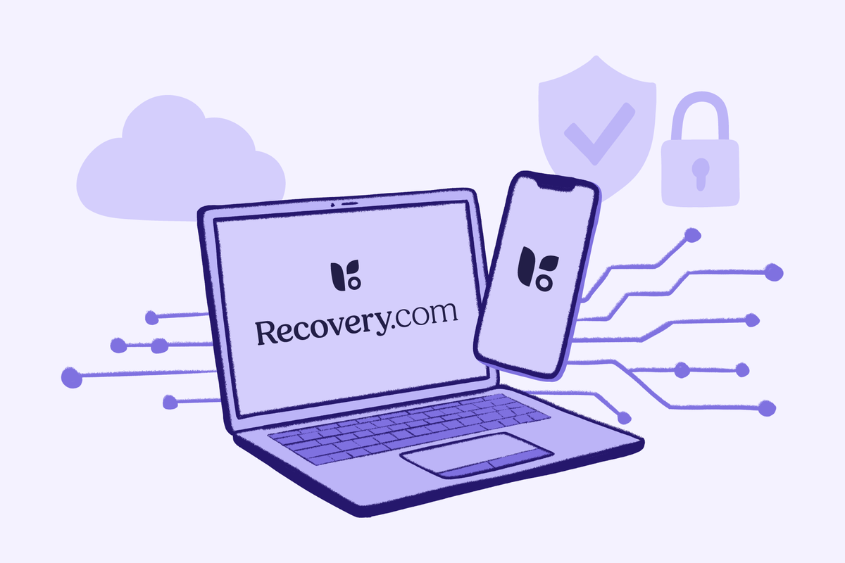Purple illustration of a laptop and smartphone showing “Recovery.com,” with circuit lines, a cloud, and security icons (shield and padlock) suggesting secure online access.
