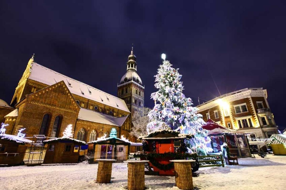 A snowy Christmas market at night in front of a large, illuminated cathedral and a lit clock tower.
