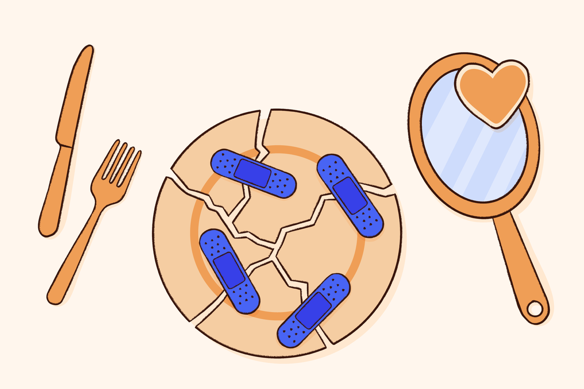 A conceptual illustration representing the healing process of eating disorder treatment. It features a broken plate being mended with bandages, set alongside a knife, fork, and a hand mirror with a heart.