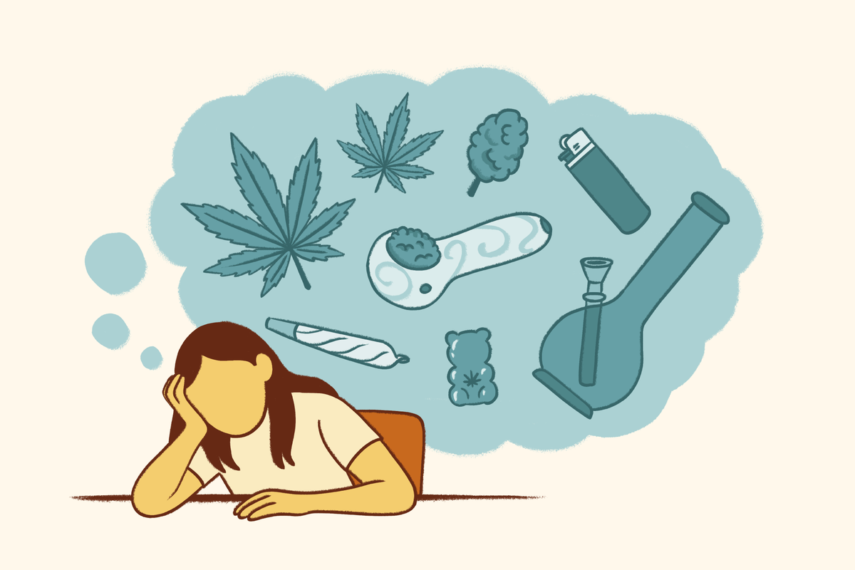 An illustration of a large, light blue thought bubble is above a woman's head containing various teal-colored images associated with marijuana, including cannabis leaves, buds, a pipe, a rolled joint, a bong, a lighter, and a gummy candy shaped like a cannabis leaf.