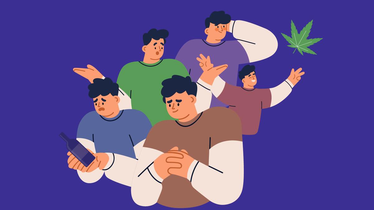 An illustration showing five versions of the same man expressing different emotions and experiences related to alcohol and cannabis use against a purple background.