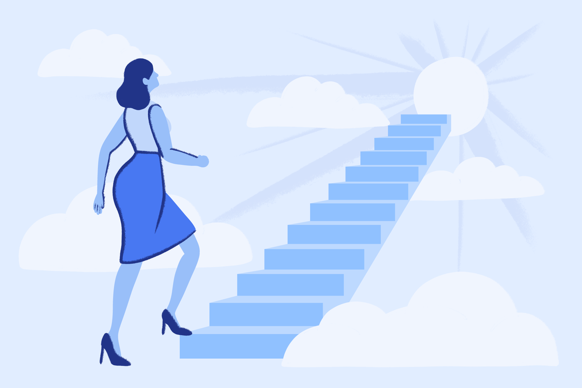 Illustration of a woman climbing a staircase into the sky toward bright sunlight, symbolizing personal growth, healing, and progress in recovery.