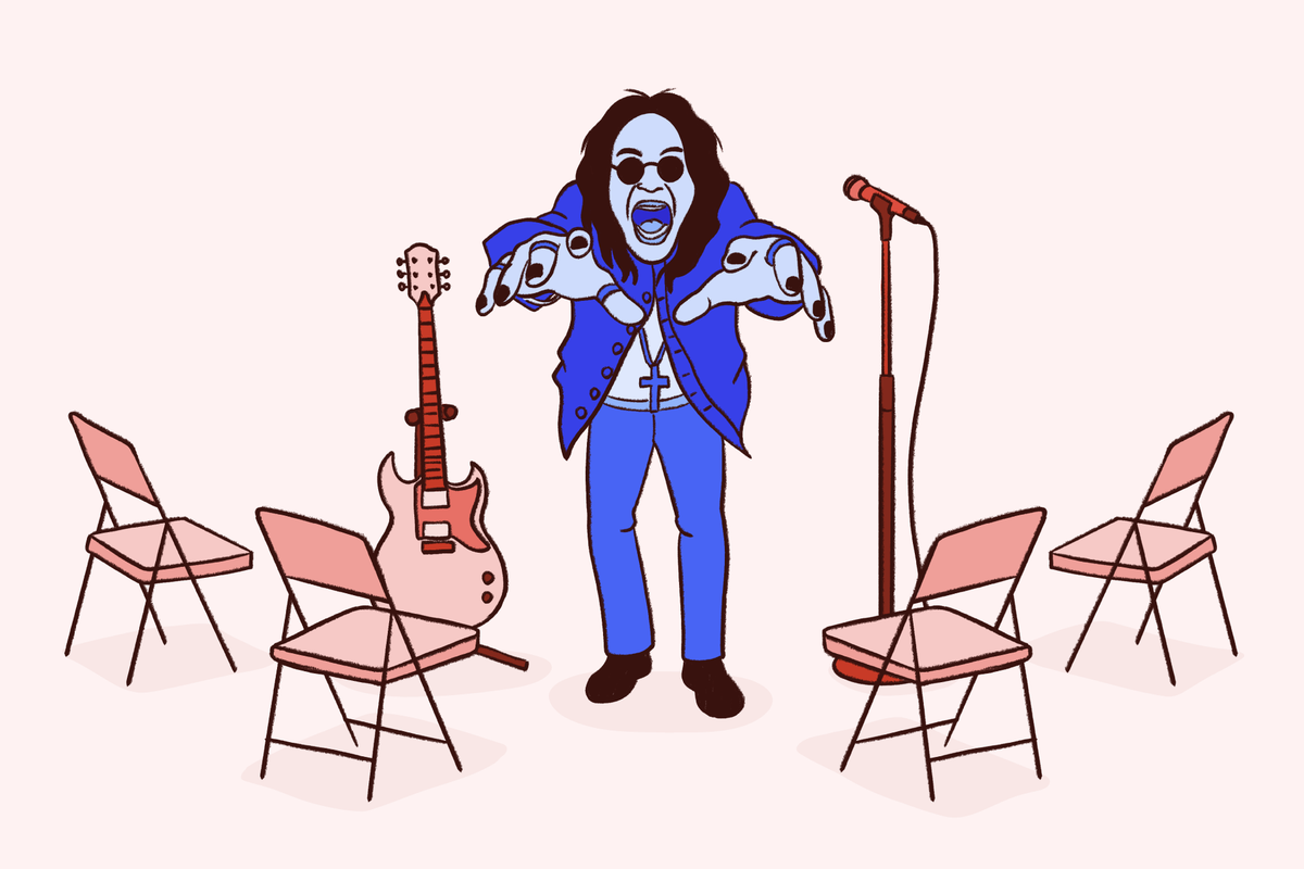 A digital illustration of a blue-toned Ozzy Osbourne performing in the center of a circle of empty pink chairs, evocative of a support group meeting.